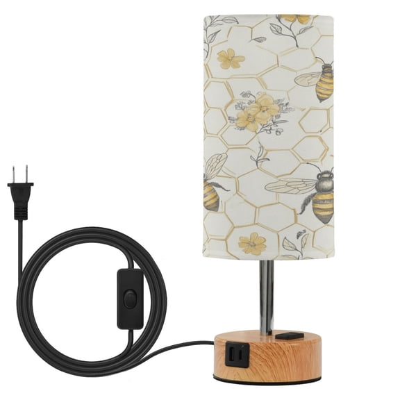 Wobogo Honeycomb with Bees Pattern Bedside Lamp Touch Control Table Lamp with USB A+C Charging Ports & AC Outlet 3-Way Dimmable Nightstand Lamp with Linen Fabric Shade for Bedroom Living Room