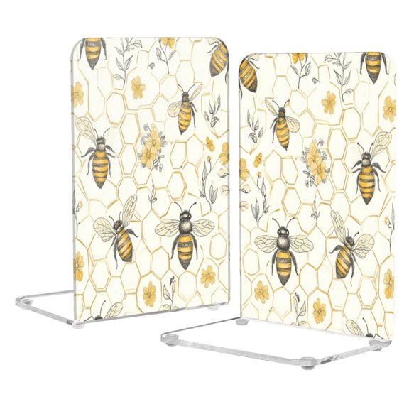 Wobogo Honeycomb with Bees Pattern Acrylic Bookends Clear L-Shaped Book Holder with Non-Slip Pads for Books Files Magazines CD DVD 5.44.18.1in