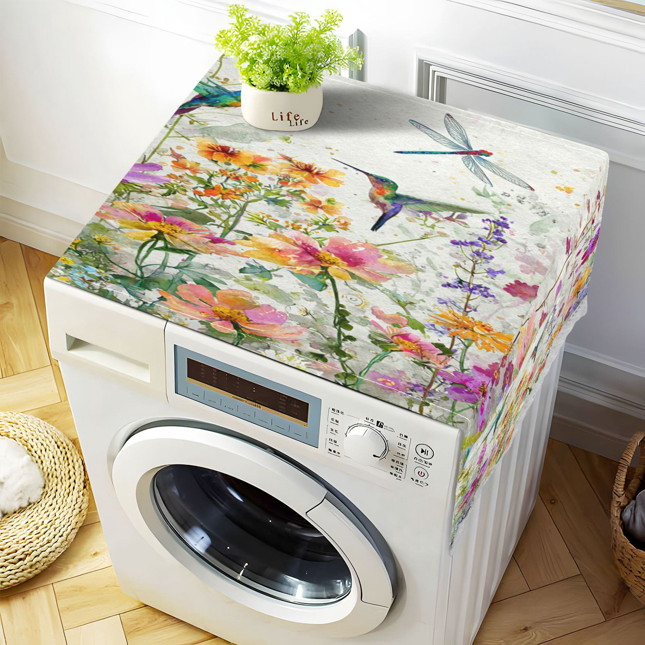 Wobogo Hummingbirds and Wildflowers Washing Machine Cover Dustproof Washer Dryer Cover Waterproof Laundry Room Decorative Protector