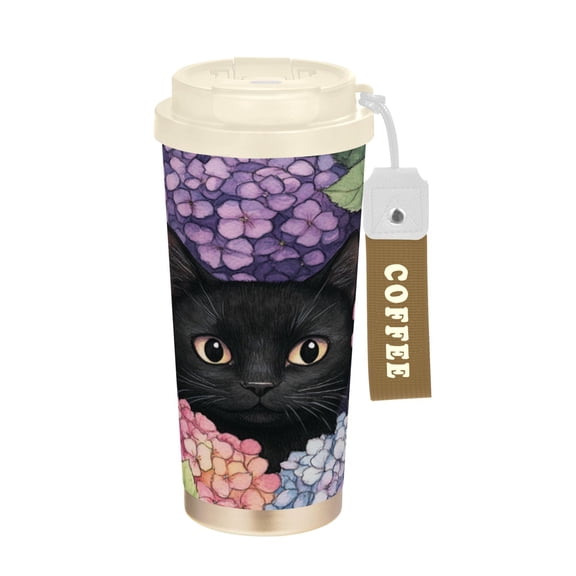 Wobogo Hydrangea Cat Double Drinking Coffee Cup Insulated Mug with Food-grade 316 Stainless Steel Beige Lid
