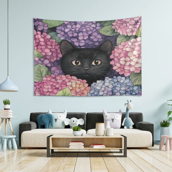 Wobogo Hydrangea Cat Tapestry 90x60in Home Living Room Bedroom Wall Hanging Ornaments
