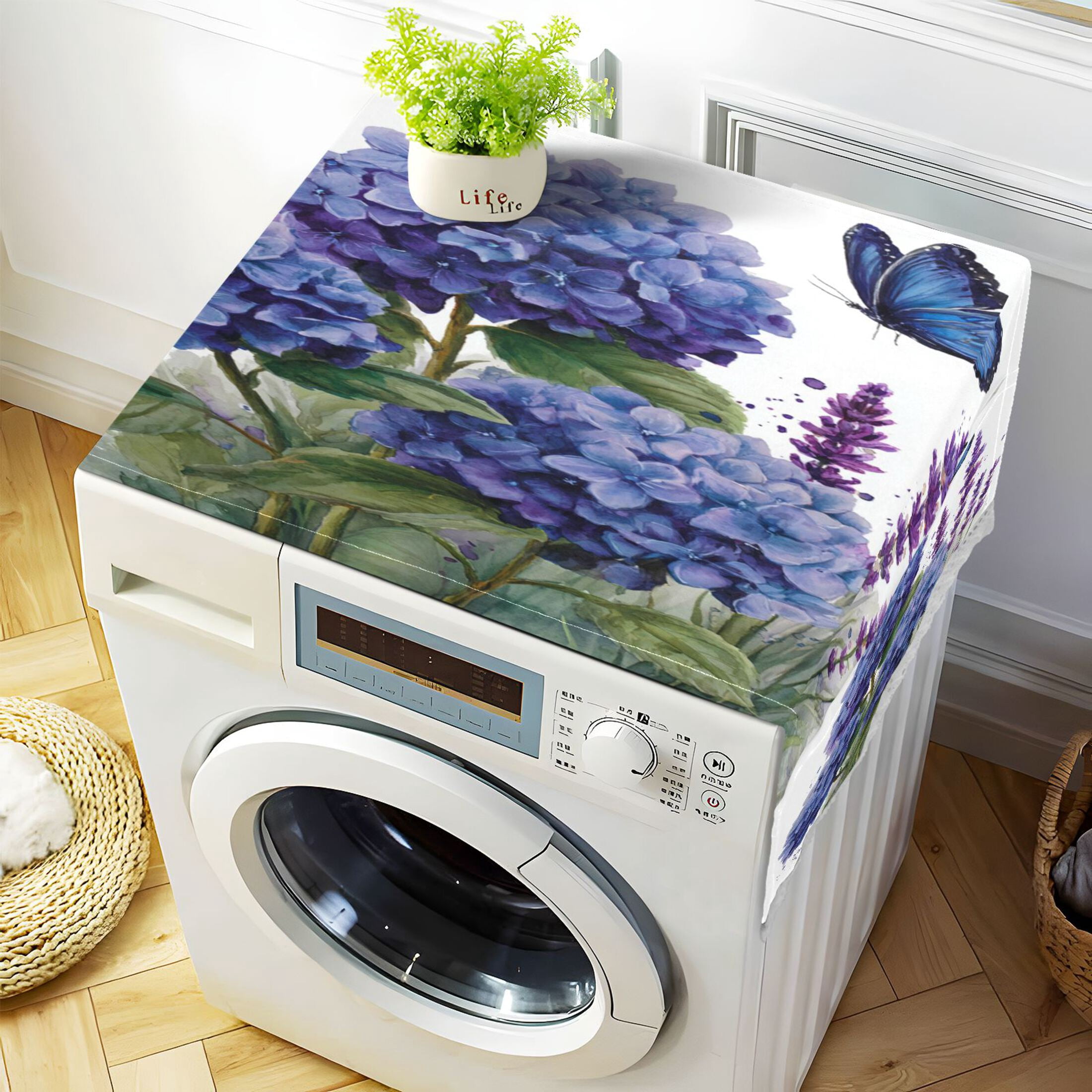 Wobogo Hydrangea Lavender Butterfly Washing Machine Cover Dustproof Washer Dryer Cover Waterproof Laundry Room Decorative Protector