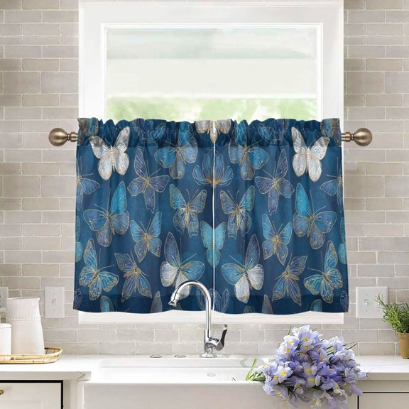 Wobogo Indigo Butterflies Kitchen Curtains 2 Piece Set Farmhouse Country Style Light Filtering Small Window Drapes Suitable for Bathroom Laundry Room and RV 27x24in
