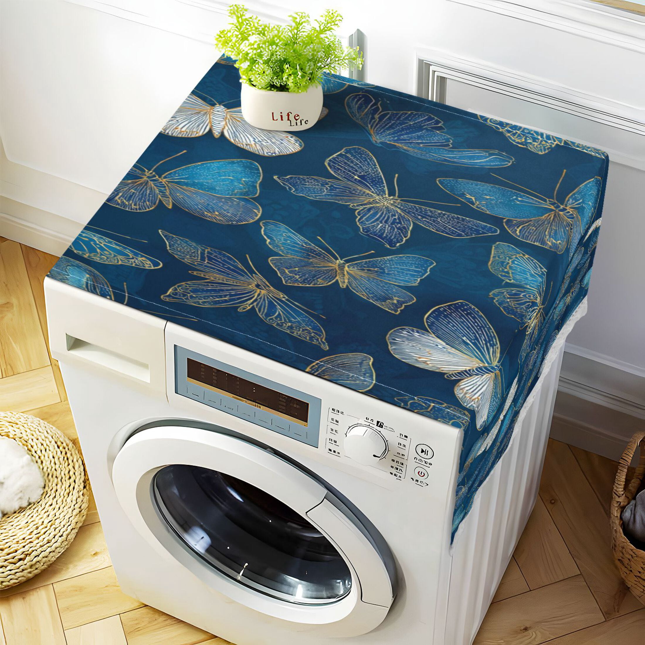 Wobogo Indigo Butterflies Washing Machine Cover Dustproof Washer Dryer Cover Waterproof Laundry Room Decorative Protector