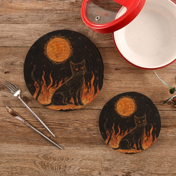 Wobogo Inferno Feline Illuminated Folio Trivets Potholders Set of 2 Cotton Woven Round Hot Plate Mats for Hot Dishes Bowls Teapots