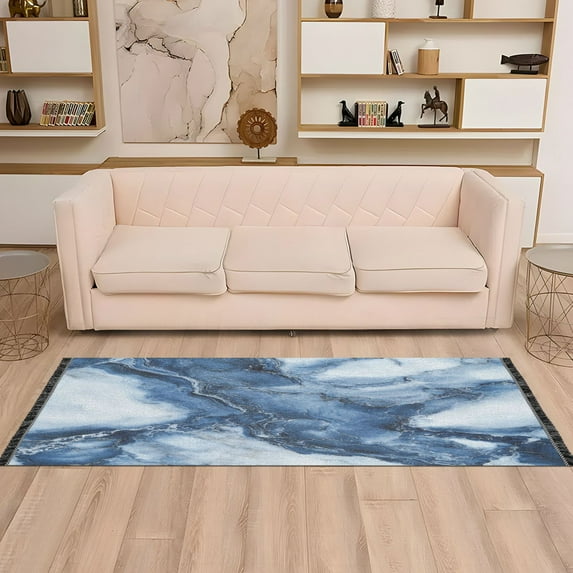 Wobogo Ink Blue White Marble Bedside Long Rug Delicate and Soft Modern Indoor Area Decor Non Slip Carpet for Bed Room Corridor Entrance Balcony
