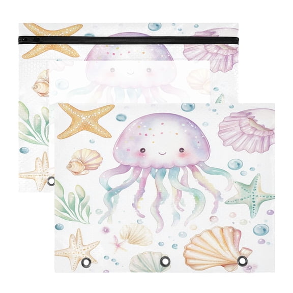 Wobogo Jellyfish Shell Figure A4 Size Clear Polyester File Pocket Set of 2 Zipper Home Work Office Organizer