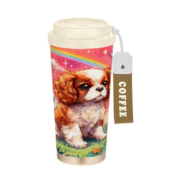 Wobogo King Charles Spaniel Double Drinking Coffee Cup Insulated Mug with Food-grade 316 Stainless Steel Beige Lid