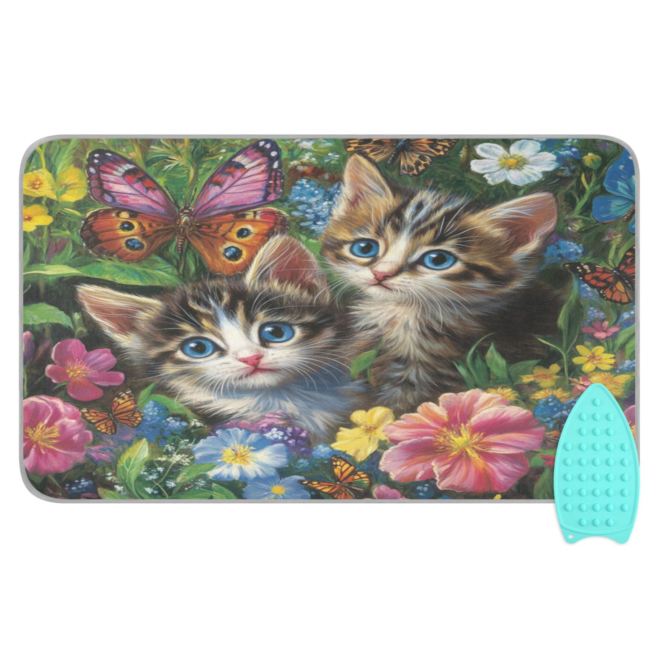 Wobogo Kitten Flower Picture Ironing Mat Blanket Quilted Washer Dryer Heat Resistant Pad Foldable for Easy Storage