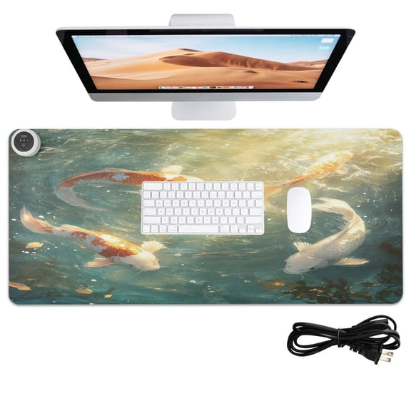 Wobogo Koi Fish Heated Mouse Pad Extra-Large Desk Mat With 3 Heating Levels and 3-hour Auto Shut-Off Protection Ideal for Computer Keyboards Home Office Hand-warming Essential 31.5in 13in