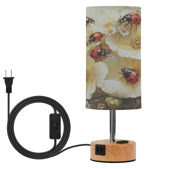 Wobogo Ladybugs Picking Flowers Bedside Lamp Touch Control Table Lamp with USB A+C Charging Ports & AC Outlet 3-Way Dimmable Nightstand Lamp with Linen Fabric Shade for Bedroom Living Room