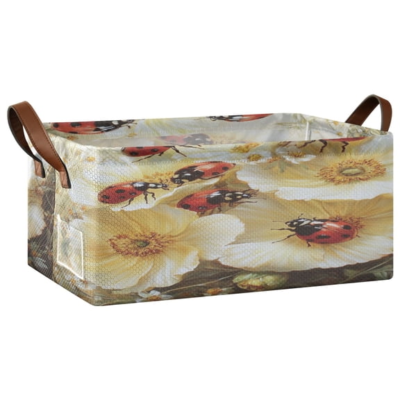 Wobogo Ladybugs Picking Flowers Storage Basket Soccer Plaid Fabric Oversized Collapsible Hoard Box with Metal Iron Frame 16.9×11.4×7.7in