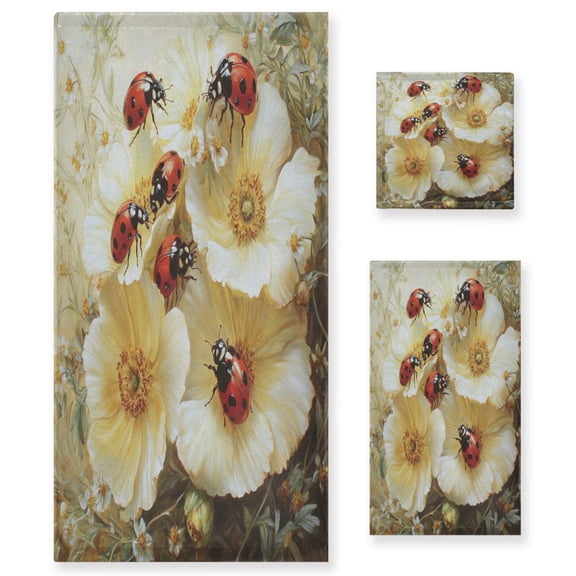 Wobogo Ladybugs Picking Flowers Ultra Soft 3 Pack Cotton Towel Set Includes 1 Bath Towel 1 Face Towel and 1 Washcloth for Everyday Use Lightweight and Compact