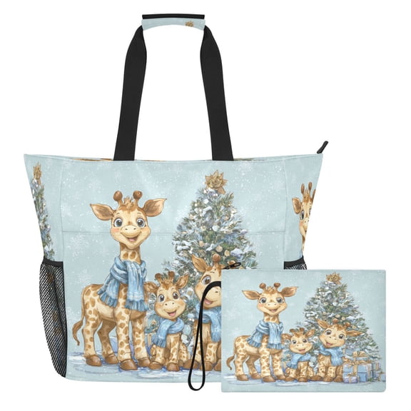 Wobogo Large Beach Tote Bag with Zipper, Giraffe Family Pool Bag with Pouch for Travel Vacation