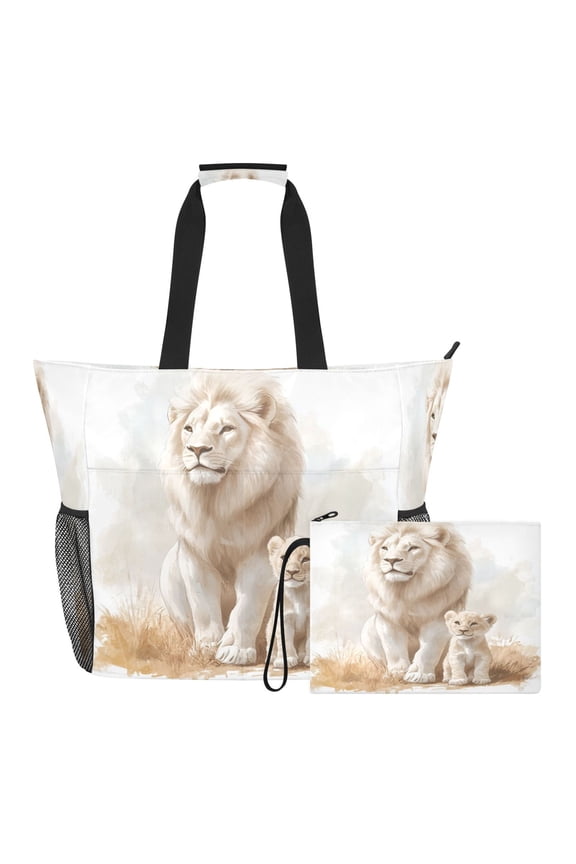 Wobogo Large Beach Tote Bag with Zipper, Lion and Its Cub Pool Bag with Pouch for Travel Vacation