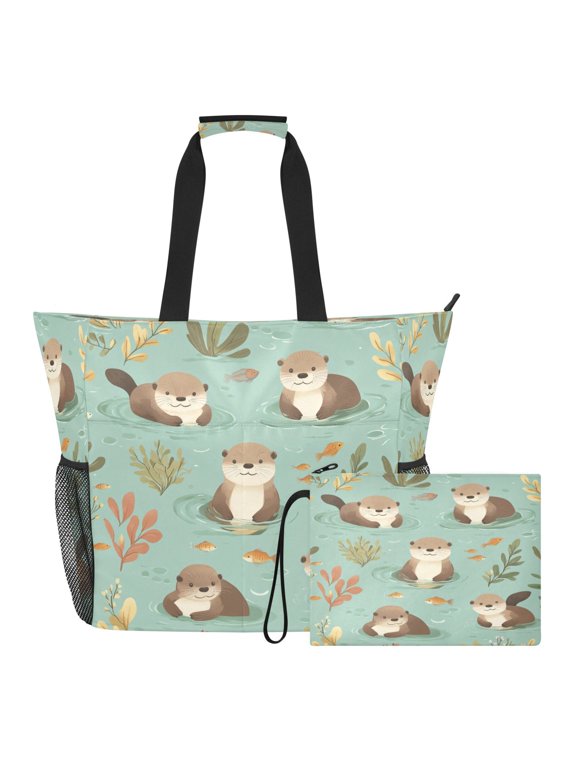 Wobogo Large Beach Tote Bag with Zipper, Otter Fish Seaweed Pool Bag with Pouch for Travel Vacation