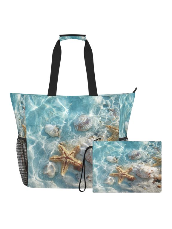 Wobogo Large Beach Tote Bag with Zipper, Starfish Seashell on Beach Pool Bag with Pouch for Travel Vacation