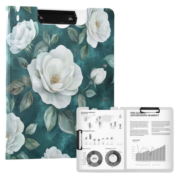 Wobogo Large White Roses Pattern A4 Foldable Clipboard with Horizontal and Vertical Double Metal Clips 360 Degree Foldable Binder Clipboards with Pen Holder