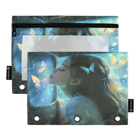 Wobogo Lass Surrounded by Butterflies Pencil Pouch with 3 Ring Binder Holes Set of 2 for Learning Tools