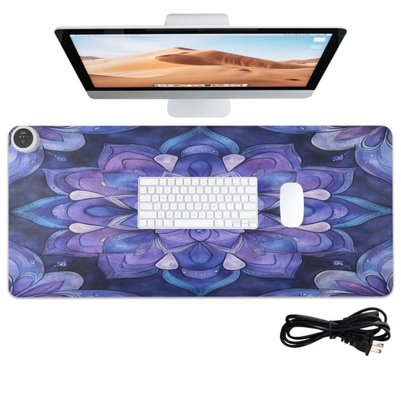 Wobogo Lavender Mandala Heated Mouse Pad Extra-Large Desk Mat With 3 Heating Levels and 3-hour Auto Shut-Off Protection Ideal for Computer Keyboards Home Office Hand-warming Essential 31.5in 13in