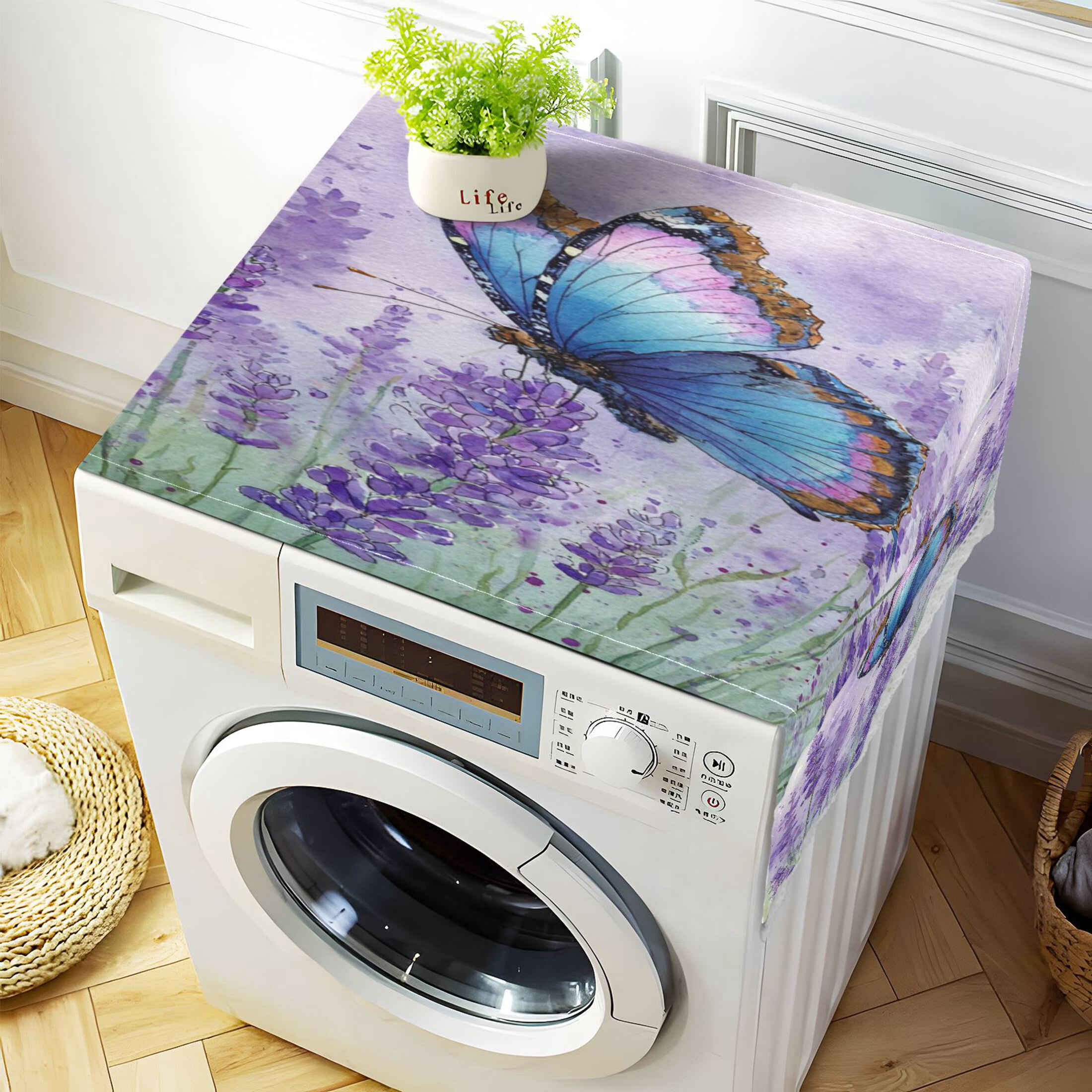Wobogo Lavender Morpho Butterfly Washing Machine Cover Dustproof Washer Dryer Cover Waterproof Laundry Room Decorative Protector