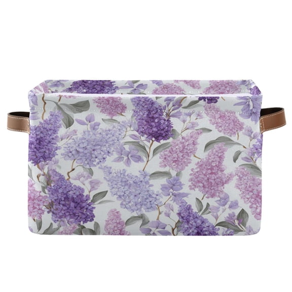 Wobogo Lavender Square Storage Basket with Waterproof Canvas and PE Lining Durable PU Leather Handles 14.2×10.2×8.3in