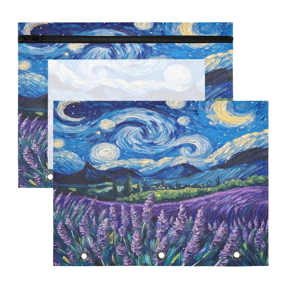 Wobogo Lavender Starry Night A4 Size Clear Polyester File Pocket Set of 2 Zipper Home Work Office Organizer