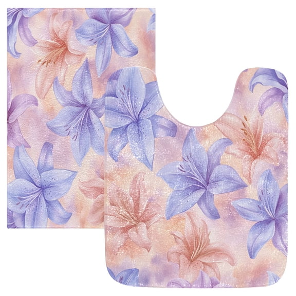 Wobogo Lavender Tones Depicting Blooming Lilies U-Shaped Toilet Bath Mat Set Super Soft Absorbent Quick Dry Memory Foam Non Slip Bathroom Rugs for Tub Shower and Single Sink