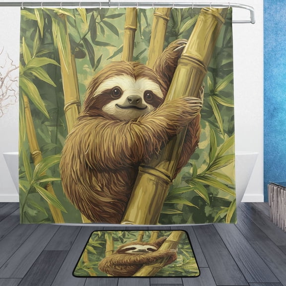 Wobogo Lazy Sloth Bathroom Shower Curtain Set with Floor Mat and Hooks Ultra Waterproof Visible Slider Beads