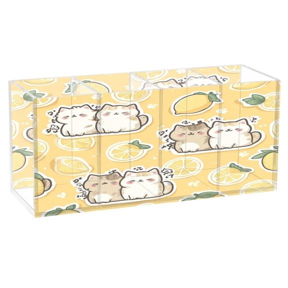 Wobogo Lemon Kitten Acrylic Pen Holder 4 Compartments Clear Pencil Organizer Makeup Brush Storage Case