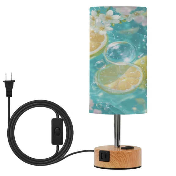 Wobogo Lemon Slice Bedside Lamp Touch Control Table Lamp with USB A+C Charging Ports & AC Outlet 3-Way Dimmable Nightstand Lamp with Linen Fabric Shade for Bedroom Living Room