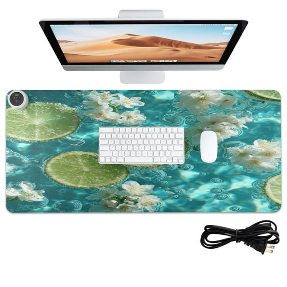 Wobogo Lemon White Flower Heated Mouse Pad Extra-Large Desk Mat With 3 Heating Levels and 3-hour Auto Shut-Off Protection Ideal for Computer Keyboards Home Office Hand-warming Essential 31.5in × 13in