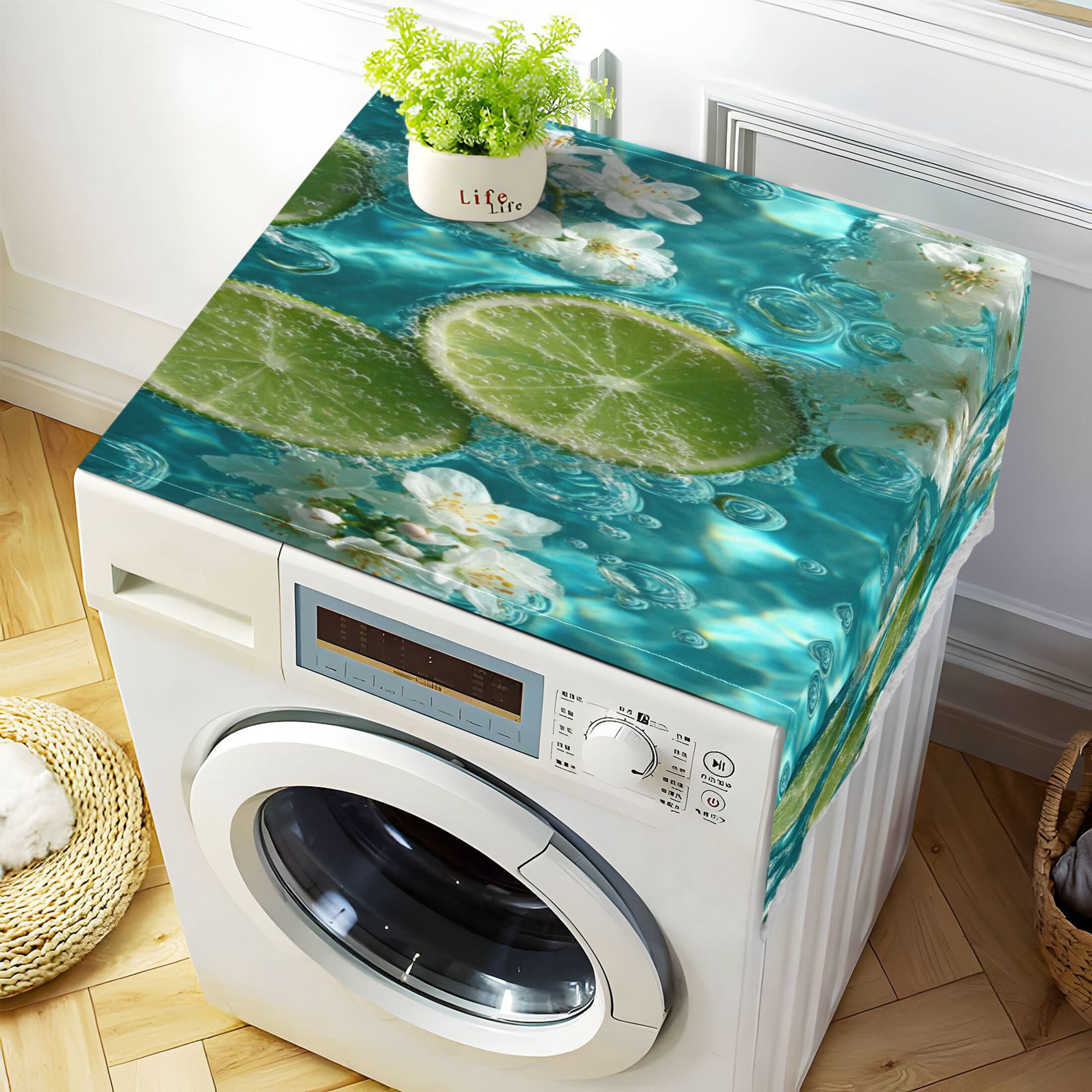 Wobogo Lemon White Flower Washing Machine Cover Dustproof Washer Dryer Cover Waterproof Laundry Room Decorative Protector