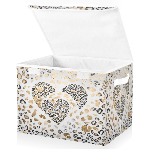 Wobogo Leopard Print Heart Large Collapsible Storage Box Flip Lid Fabric Decorative Organizer Container Basket with Handles 16.512.611.8in