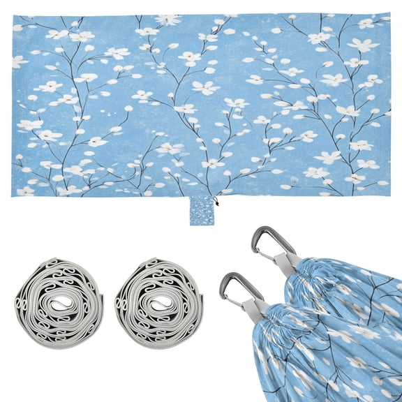 Wobogo Light Blue Background with White Floral Pattern Camping Hammocks 330 lb Capacity with Tree Straps and Hanging Pockets for Outside Hiking Beach Backpack Travel