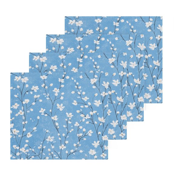 Wobogo Light Blue Background with White Floral Pattern Square Cotton Towel Set of 4 Soft and Skin-friendly with Good Absorbency 12×12in