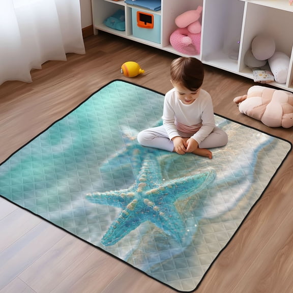 Wobogo Light Blue Starfish Baby Playmats Extra Large Waterproof Rollable Activity Non Slip Pads for Toddlers 5050in