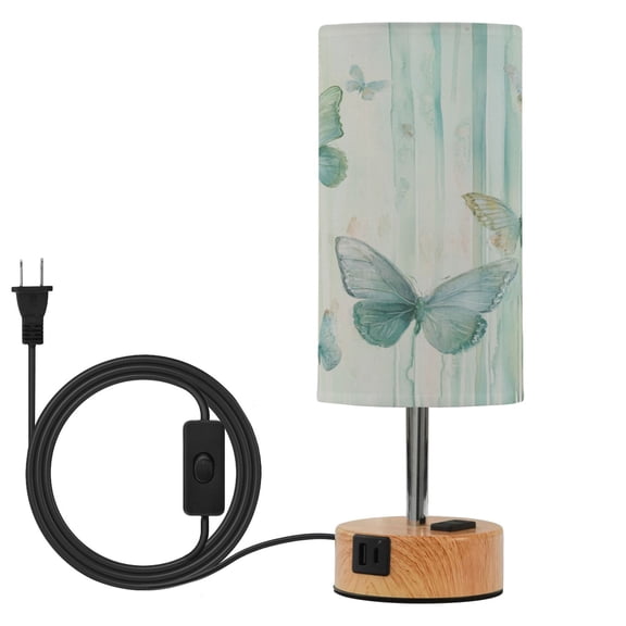 Wobogo Light Green Butterfly Bedside Lamp Touch Control Table Lamp with USB A+C Charging Ports & AC Outlet 3-Way Dimmable Nightstand Lamp with Linen Fabric Shade for Bedroom Living Room