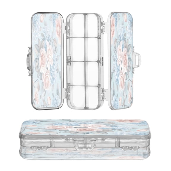 Wobogo Light Pink Rose Pattern Clear Pencil Case Plastic Pencilboxes Stackable Design Study Materials for Classroom Office