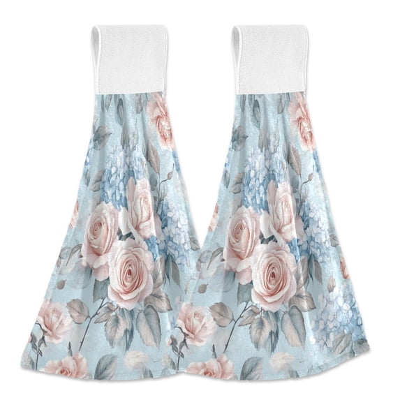 Wobogo Light Pink Rose Pattern Hand Towel Set of 2 Absorbent for Kitchen and Bathroom With Velcro Hanging Loop 18.2×14in