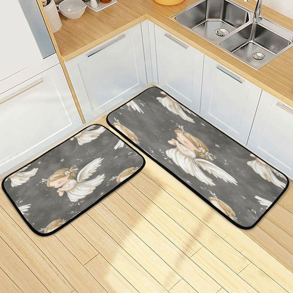 Wobogo Little Angels with White Wings Pattern Kitchen Carpet Set of 2 Absorbent and Stain Resistant Non-slip Star Rubber Backing