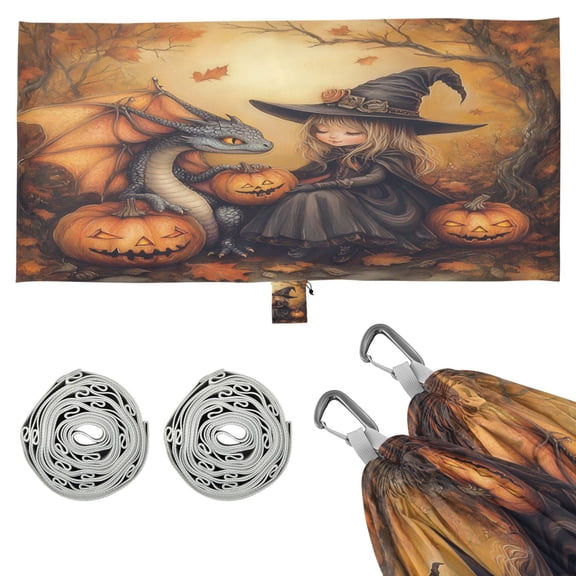 Wobogo Little Witch and Her Dragon Camping Hammocks 330 lb Capacity with Tree Straps and Hanging Pockets for Outside Hiking Beach Backpack Travel