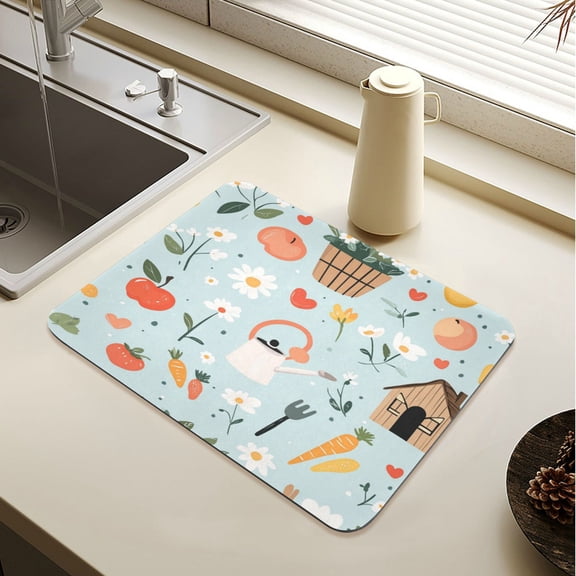 Wobogo Log Cabin Apple Carrot Pattern Dish Drying Mats Diatomaceous Earth Super Absorbent Non-slip Rubber Sole 15.7×11.8in