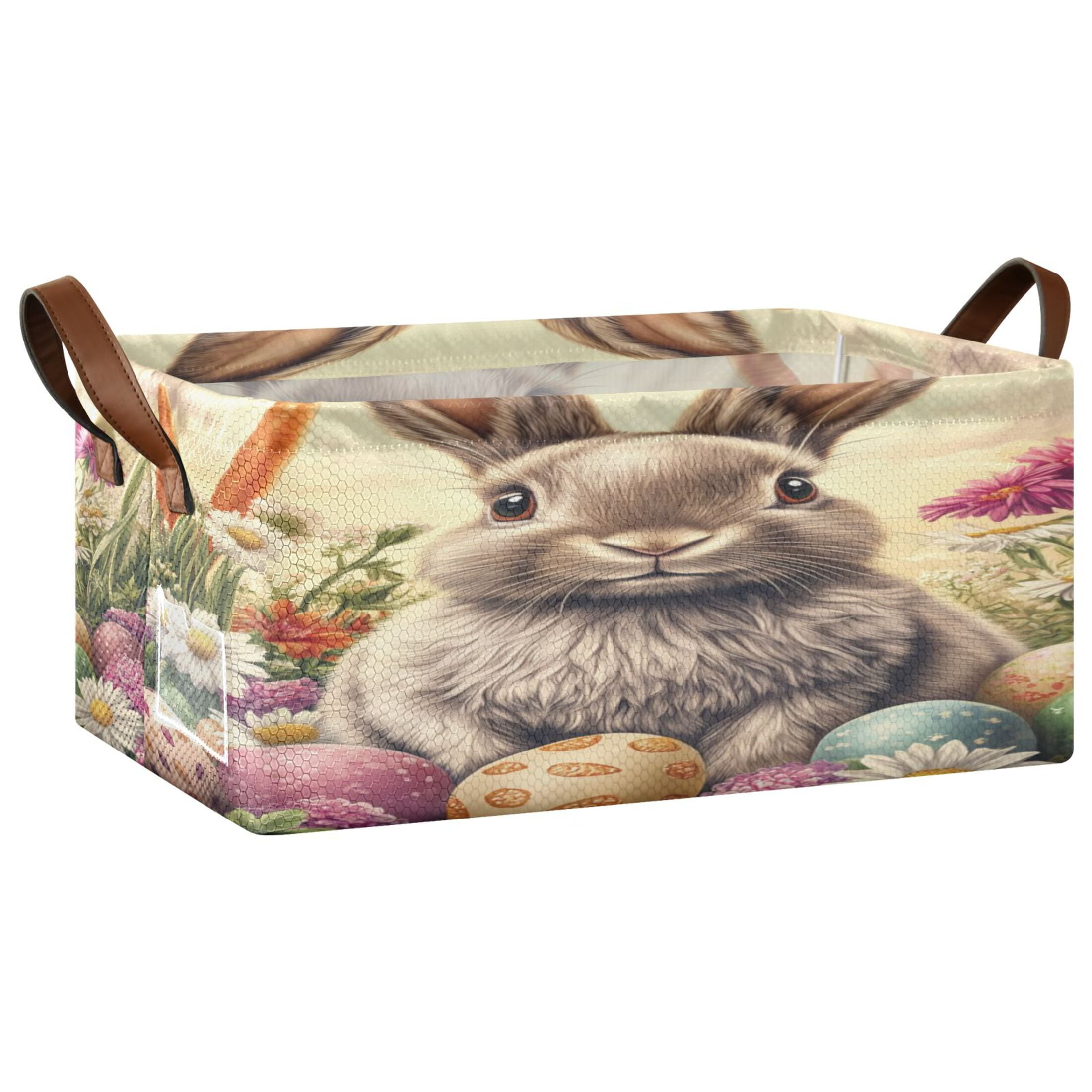 Wobogo Lovely Easter Bunny Storage Basket Soccer Plaid Fabric Oversized Collapsible Hoard Box with Metal Iron Frame 16.9×11.4×7.7in