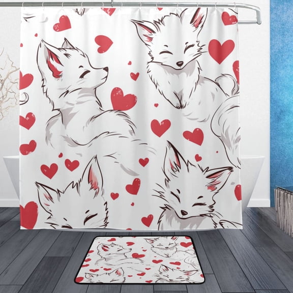 Wobogo Lovely White Fox Bathroom Shower Curtain Set with Floor Mat and Hooks Ultra Waterproof Visible Slider Beads