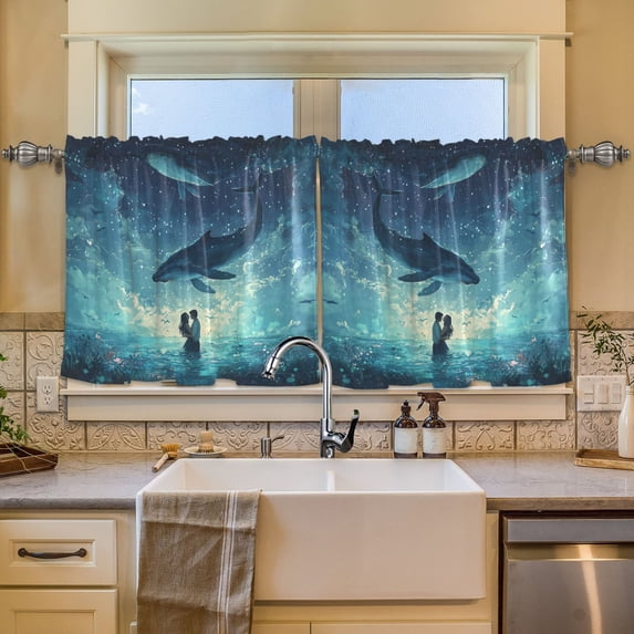 Wobogo Lovers Whales Pattern Kitchen Curtains 2 Piece Set Symmetrical Design Light Filtering Small Window Drapes Suitable for Bathroom Laundry Room and RV 57x24in