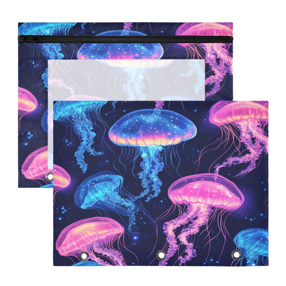 Wobogo Luminous Jellyfish A4 Size Clear Polyester File Pocket Set of 2 Zipper Home Work Office Organizer