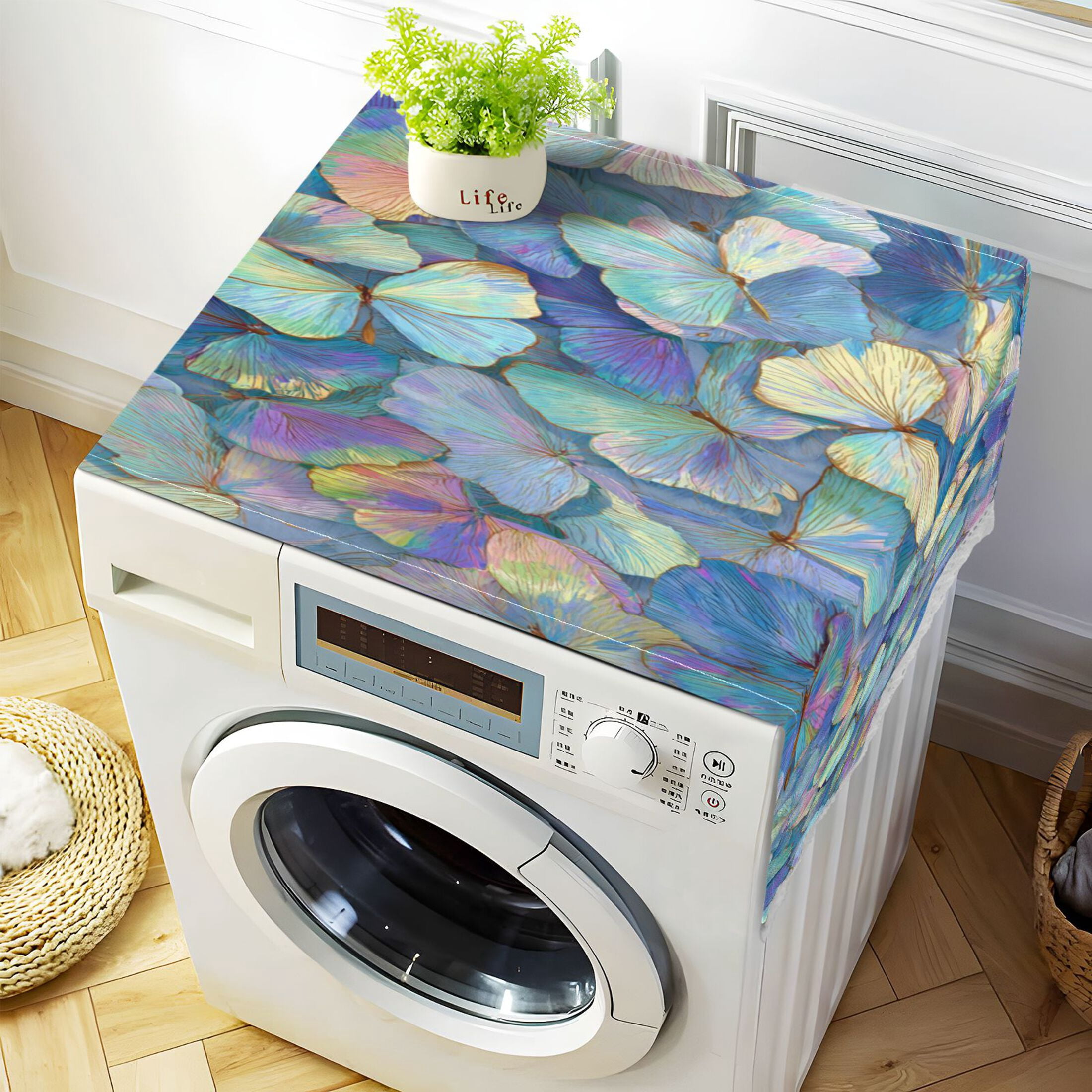 Wobogo Macaron Colored Butterfly Washing Machine Cover Dustproof Washer Dryer Cover Waterproof Laundry Room Decorative Protector