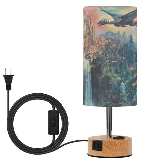 Wobogo Magic Dragon Castle Bedside Lamp Touch Control Table Lamp with USB A+C Charging Ports & AC Outlet 3-Way Dimmable Nightstand Lamp with Linen Fabric Shade for Bedroom Living Room