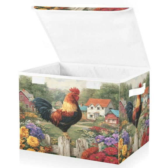 Wobogo Majestic Rooster Large Collapsible Storage Box Flip Lid Fabric Decorative Organizer Container Basket with Handles 16.512.611.8in